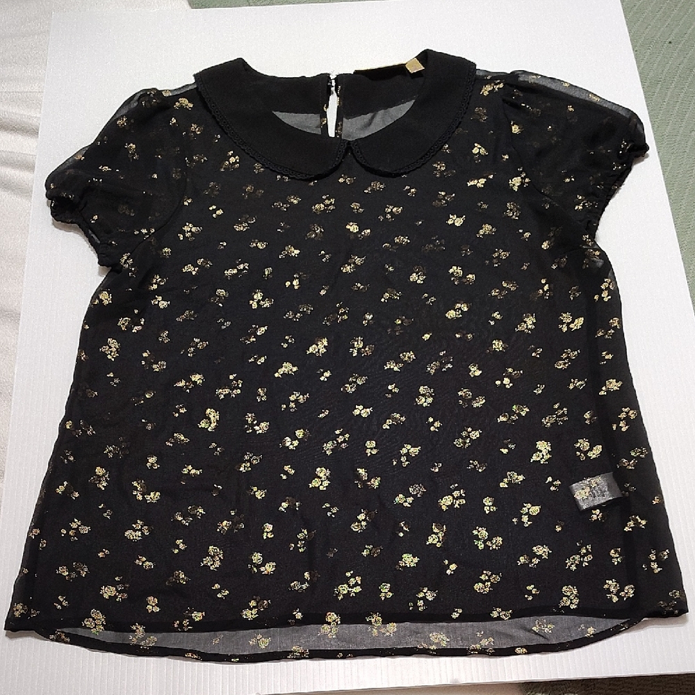 Princess Vera Wang Peter Pan Collar Gold Floral Print Black Blouse Size Small